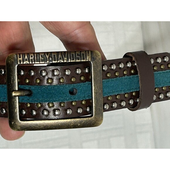 Harley Davidson Womens Size LARGE Brown Leather Teal Blue Gold Silver STUDDED